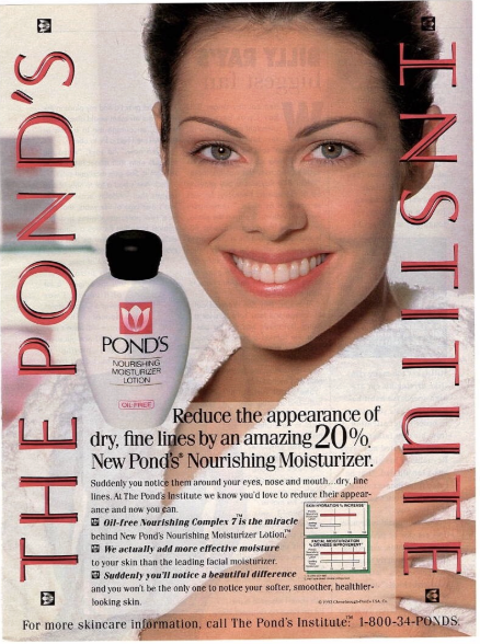 A Ponds Ad from the 1990s illustrating a woman advertising a facial moisturiser